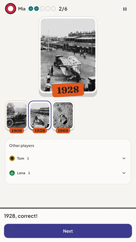 Fotanni Timeline screen: Mia’s photo is revealed as 1928 and placed correctly between 1908 and 1969.
